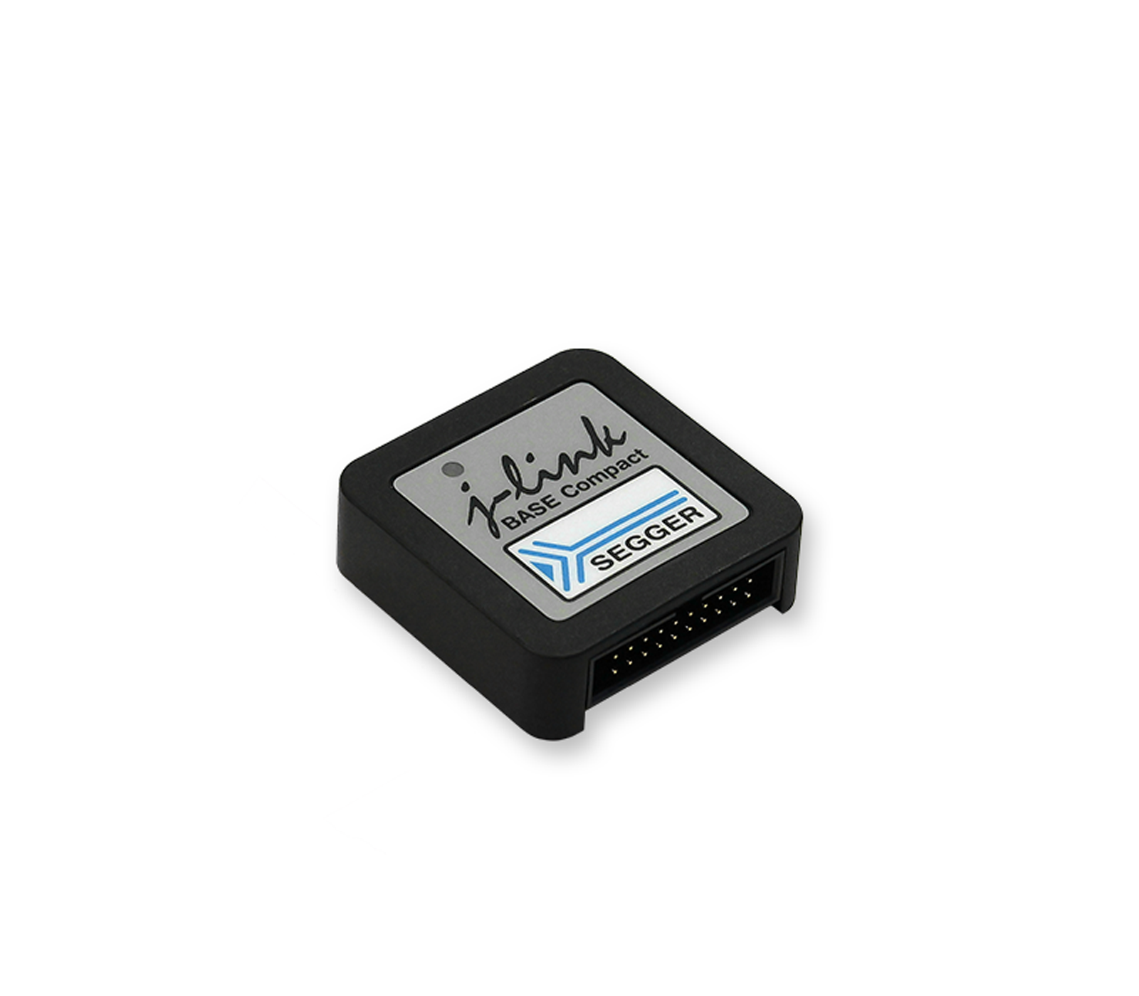 A black, compact device labeled "J-Link BASE Compact" with a logo that reads "SEGGER." The device features multiple connection pins on one side, designed for programming and debugging embedded systems. The design is simple and modern, emphasizing functionality.