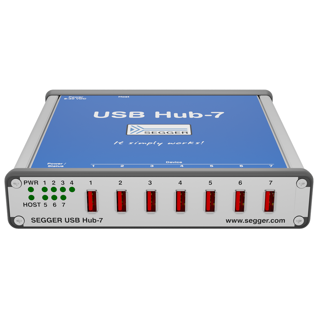 A USB Hub-7 device by SEGGER is shown, featuring a blue top surface with the text "It simply works!" and a logo. The front panel has seven red USB ports and status indicators for power and host connections.