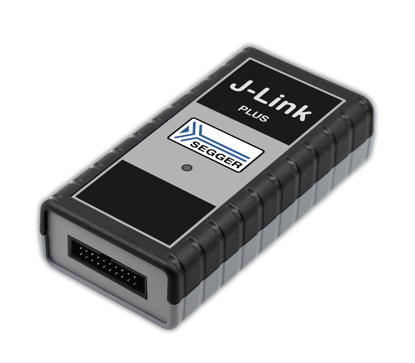 A black and gray rectangular device labeled "J-Link Plus" with a SEGGER logo. It features a small rectangular connector on one side and a button on the top. The design is compact, suitable for programming and debugging embedded systems.