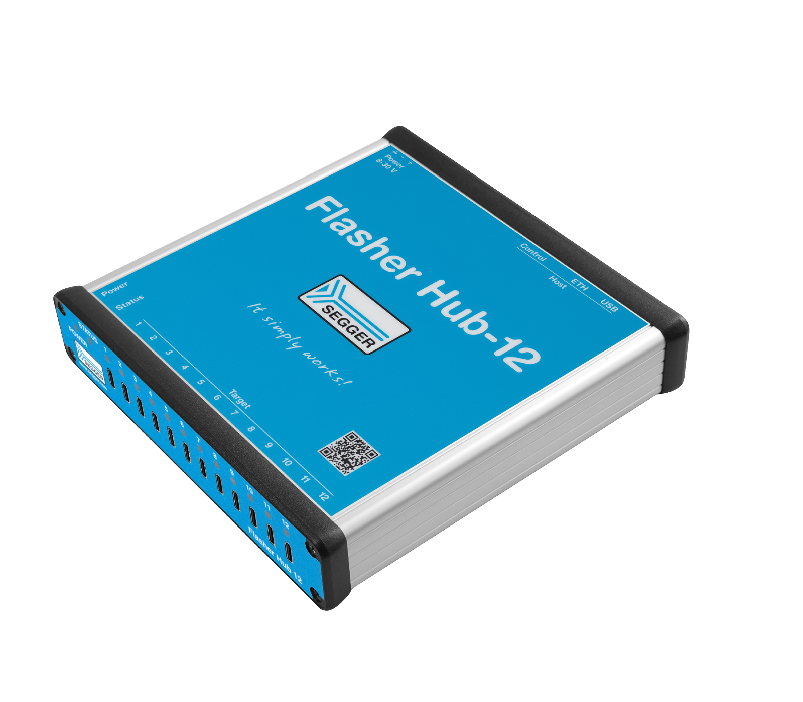 Image of a blue and silver device labeled "Flasher Hub-12" by SEGGER. The device features multiple connection ports on one edge and has indicators for power and status. A QR code is also present on the surface.