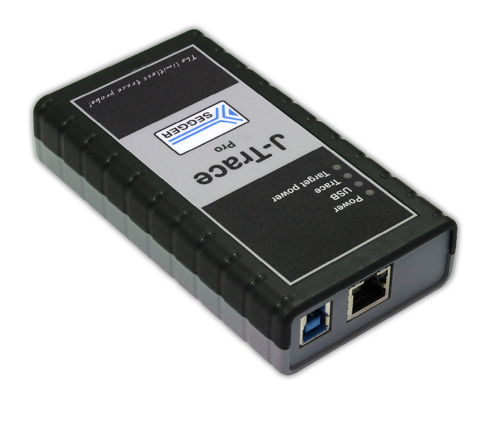 A black and gray external device labeled "J-Trace Pro" features multiple ports, including USB and Ethernet connectors. It is designed for technical purposes, likely related to computer hardware or diagnostics. The casing has a ribbed texture for grip.