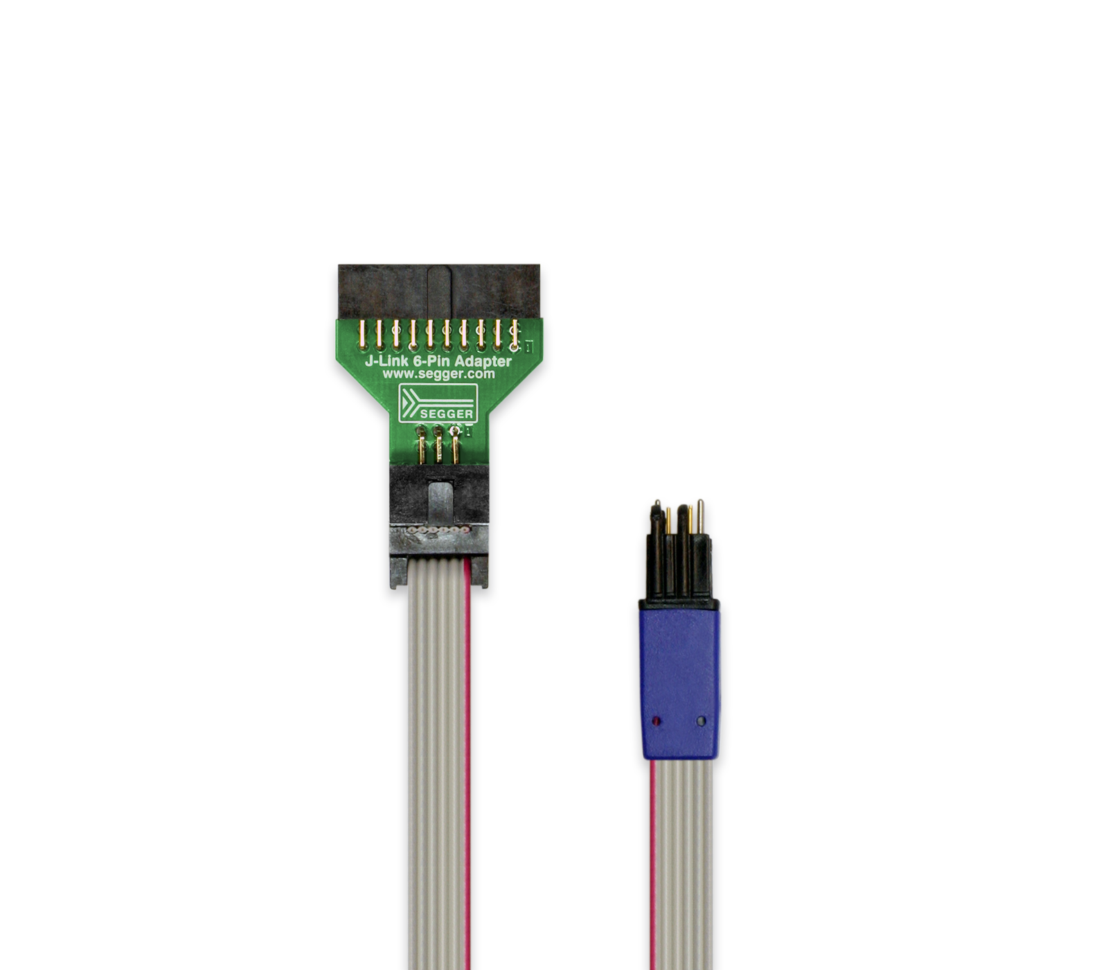 The image features a J-Link 6-pin adapter with a green circuit board on one end and a blue connector on the other. The adapter has multiple metal pins for connection, with two colored wires attached, showcasing its purpose for interfacing in electronic projects.