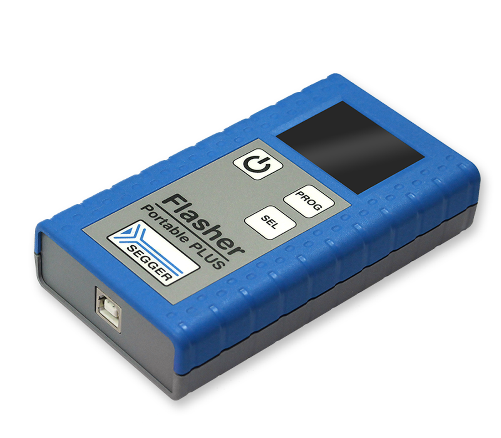 The image displays a compact, rectangular device called "Flasher Portable PLUS" with a blue casing and a grey button panel. It features three buttons: power, program, and select, along with a small screen for functionality. The device is designed for programming applications.