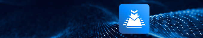 A blue square icon featuring a white graphic of a downward-facing arrow above a triangular shape, set against a dark blue background with smooth, flowing lines resembling a digital wave. The image suggests themes of downloading or transferring data.