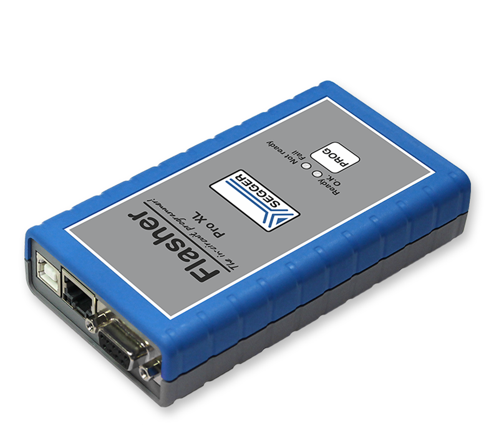 A blue and grey electronic device labeled "Flasher" is shown. It features various ports on one side and indicators on the top, indicating operational status. The device is designed for programming and debugging embedded systems.