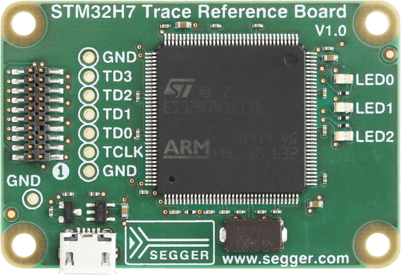 Image of an STM32H7 Trace Reference Board, featuring a central microcontroller, labeled pins for ground and trace data connections, and three indicator LEDs. The board is predominantly green with electronic components and connectors for integration into projects.
