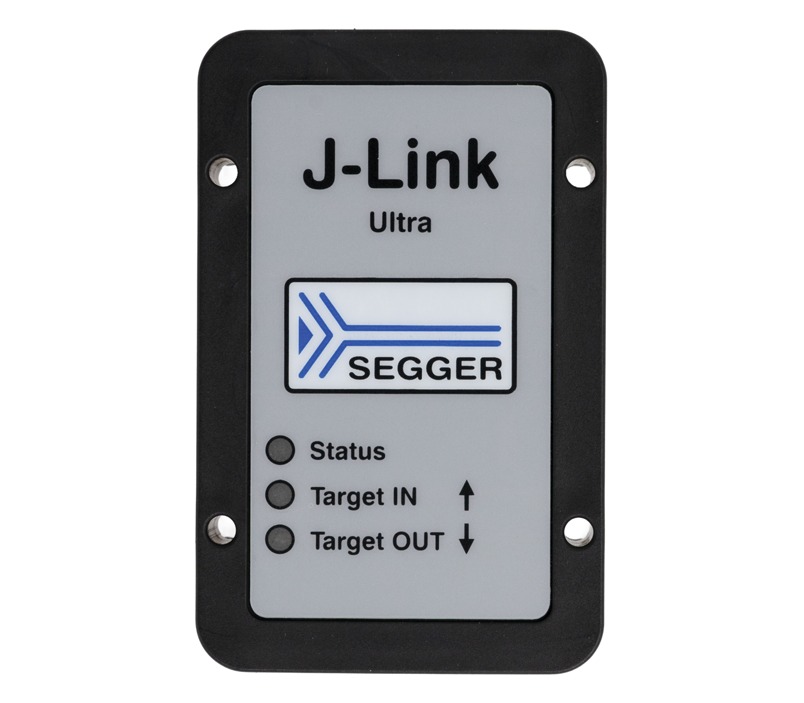 A rectangular gray device labeled "J-Link Ultra" by SEGGER. It features three LED indicators for "Status," "Target IN," and "Target OUT," with directional arrows for the last two. The device is framed in black plastic.