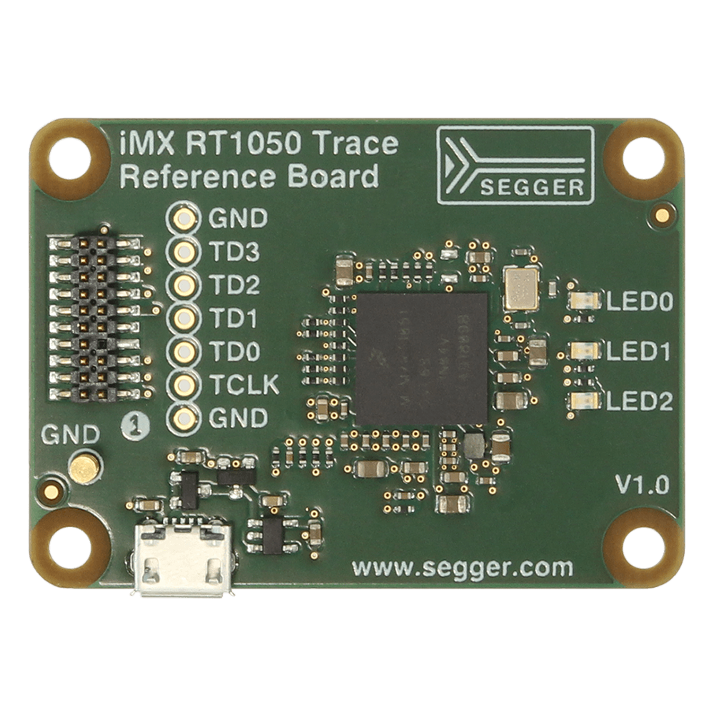Image of an iMX RT1050 Trace Reference Board with various electronic components, including pins labeled GND, TD0-TD3, and TCLK. The board features an integrated chip and several LEDs labeled LED0, LED1, and LED2. The version number is V1.0, and the manufacturer's website is displayed.
