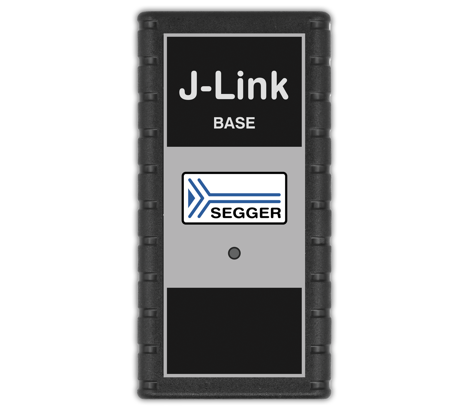 This image features a rectangular device labeled "J-Link BASE" at the top and the SEGGER logo below it, set against a black and gray background. The device has a central circular button and textured edges for grip, indicating it is likely used for electronics programming or debugging.