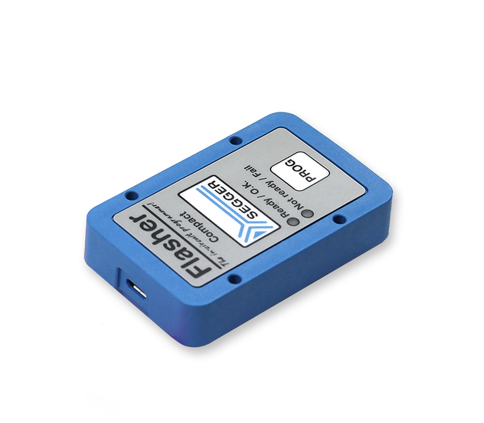 A blue rectangular electronic device is displayed, featuring a silver label with the text "SEGGER" and "F4S3HERT" along with two indicator lights. The device is designed for interfacing and programming in technology applications. It has a USB port on one side.