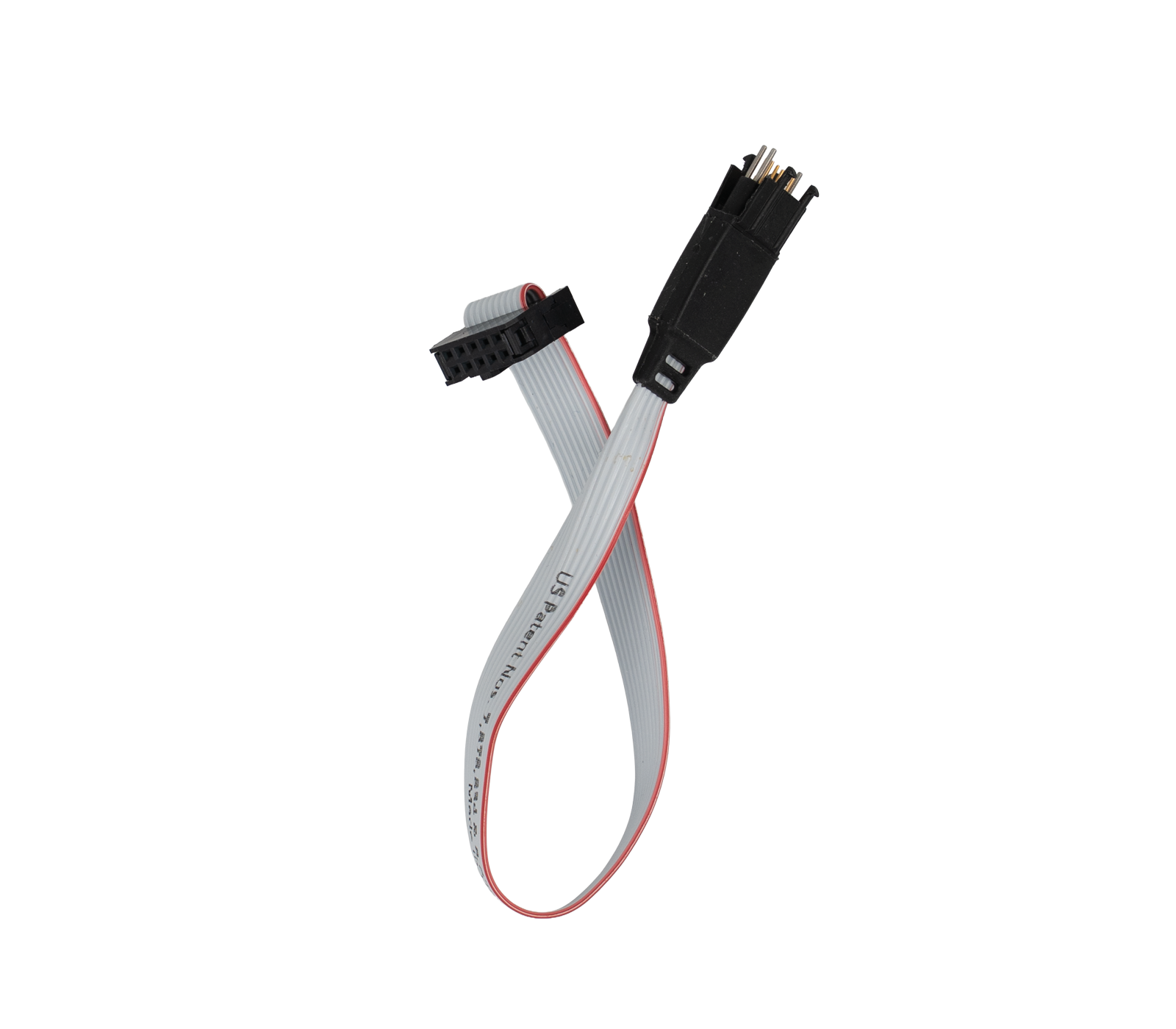 An image of a gray ribbon cable featuring two connectors at each end. One connector is black with several pins, and the other is flat with a series of exposed metal contacts. The cable has red stripes along its length indicating a specific configuration.